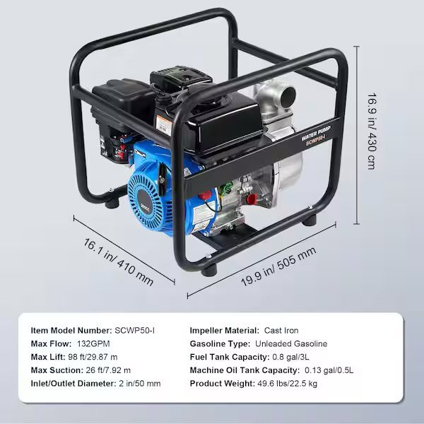 Gasoline Powered Trash Pump, 2 in. 6. 5HP 132 GPM 4-Stroke Gasoline Engine Water Transfer Pump with 98 ft. Max Lift 26ft