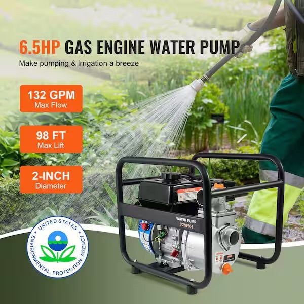Gasoline Powered Trash Pump, 2 in. 6. 5HP 132 GPM 4-Stroke Gasoline Engine Water Transfer Pump with 98 ft. Max Lift 26ft