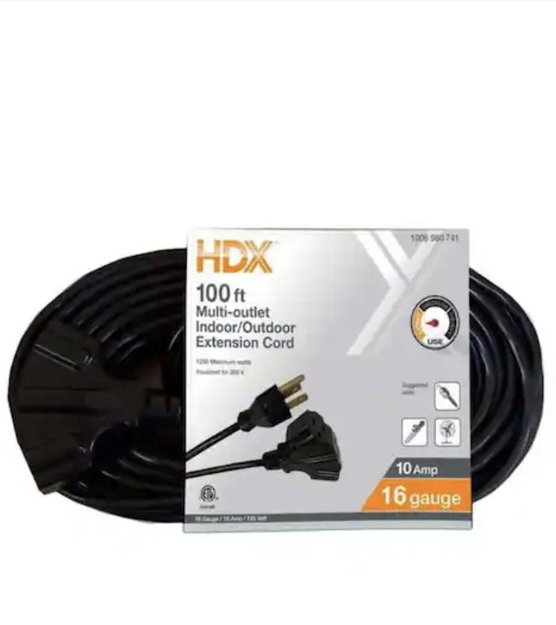 HDX 100 ft. 16/3 Light Duty Indoor/Outdoor Extension Cord with Multiple Outlet Triple Tap End, Black
