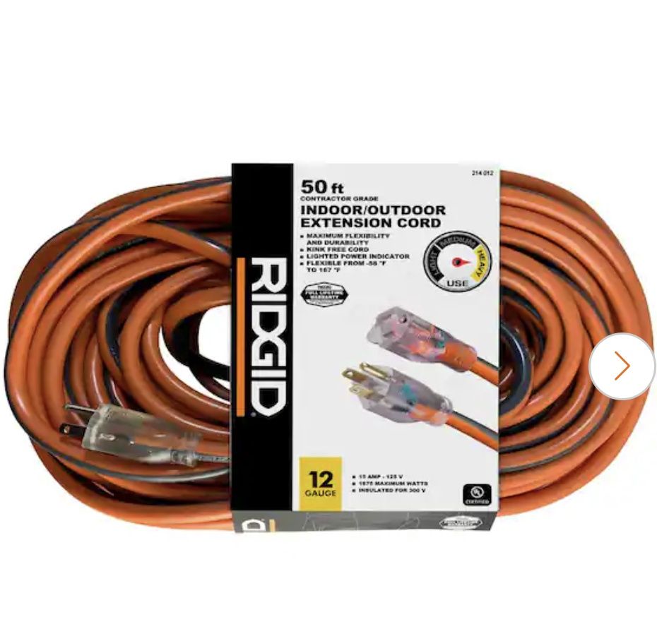 RIDGID 50 ft. 12/3 Heavy Duty Indoor/Outdoor Extension Cord with Lighted End, Orange/Grey