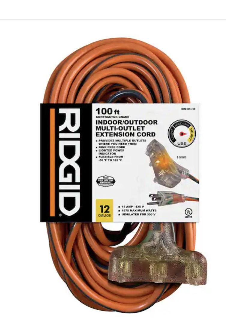 RIDGID 100 ft. 12/3 Heavy Duty Indoor/Outdoor Extension Cord with Tritap Lighted End, Orange/Grey