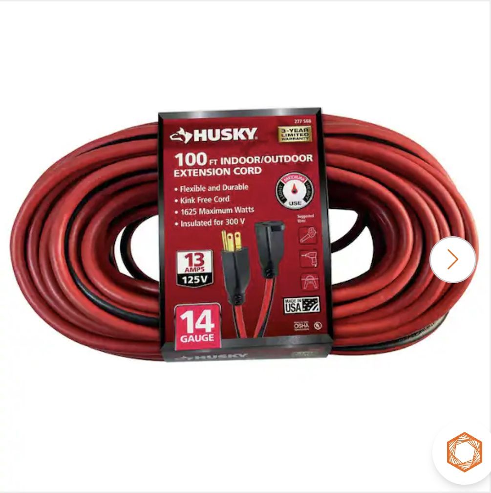 Husky 100ft. 14/3 Medium Duty Indoor/Outdoor Extension Cord w/Lighted End,