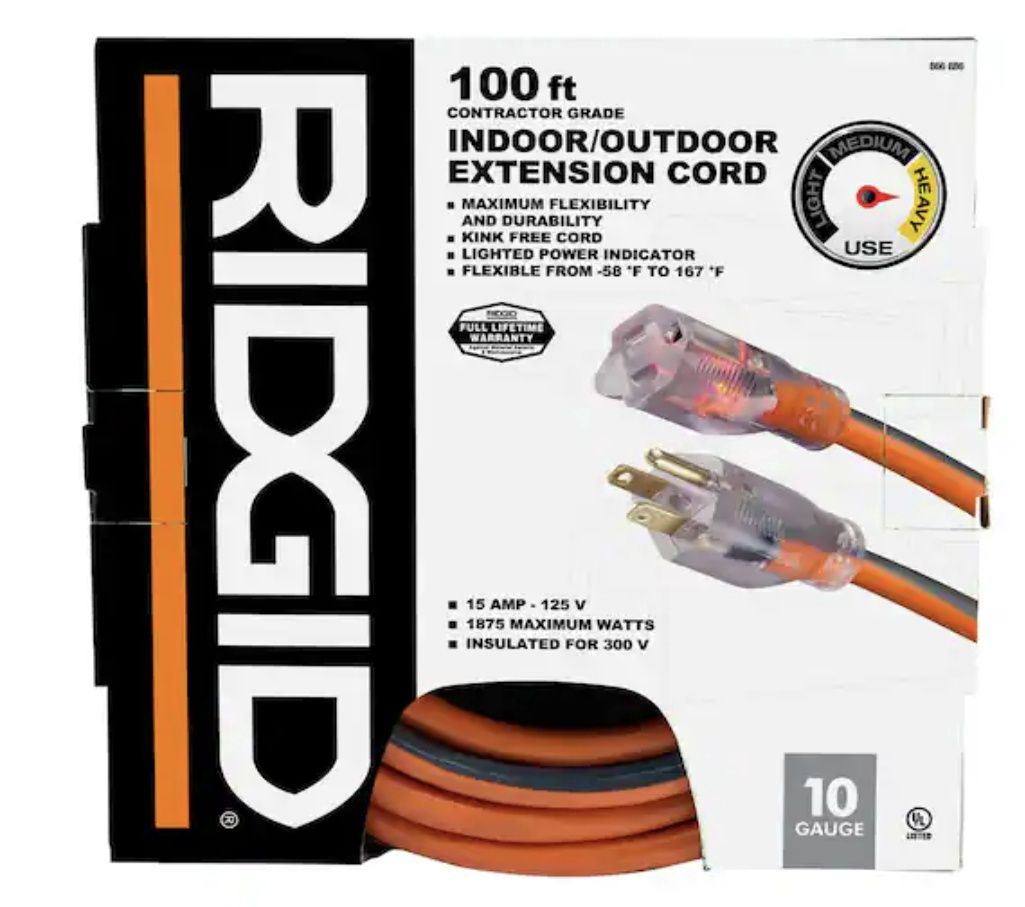 RIDGID 100 ft. 10/3 Heavy Duty Indoor/Outdoor SJTW Extension Cord with Lighted End, Orange/Grey