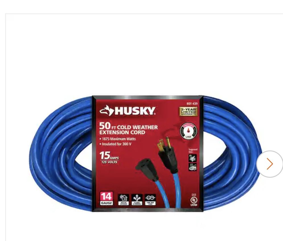 Husky 50 ft. 14/3 Medium Duty Cold Weather Indoor/Outdoor Extension Cord, Blue