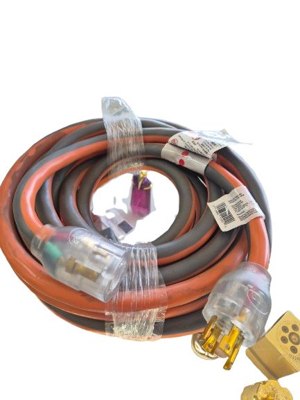 RIDGID 25 ft. 10/4 Heavy Duty Outdoor L14-30 Amp Generator Extension Cord with Lighted End, Orange/Grey