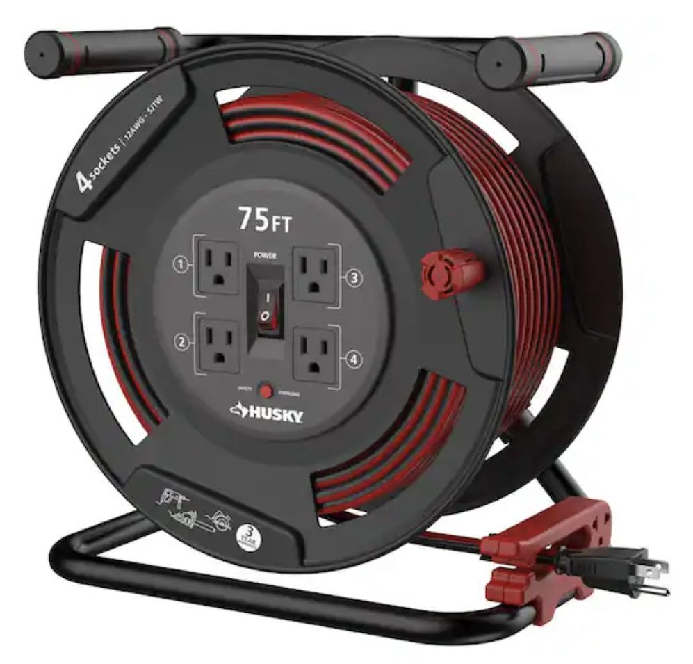 Husky 75 ft. 12/3 13 Amp Retractable Extension Cord Reel with 4 Grounded Outlets Black