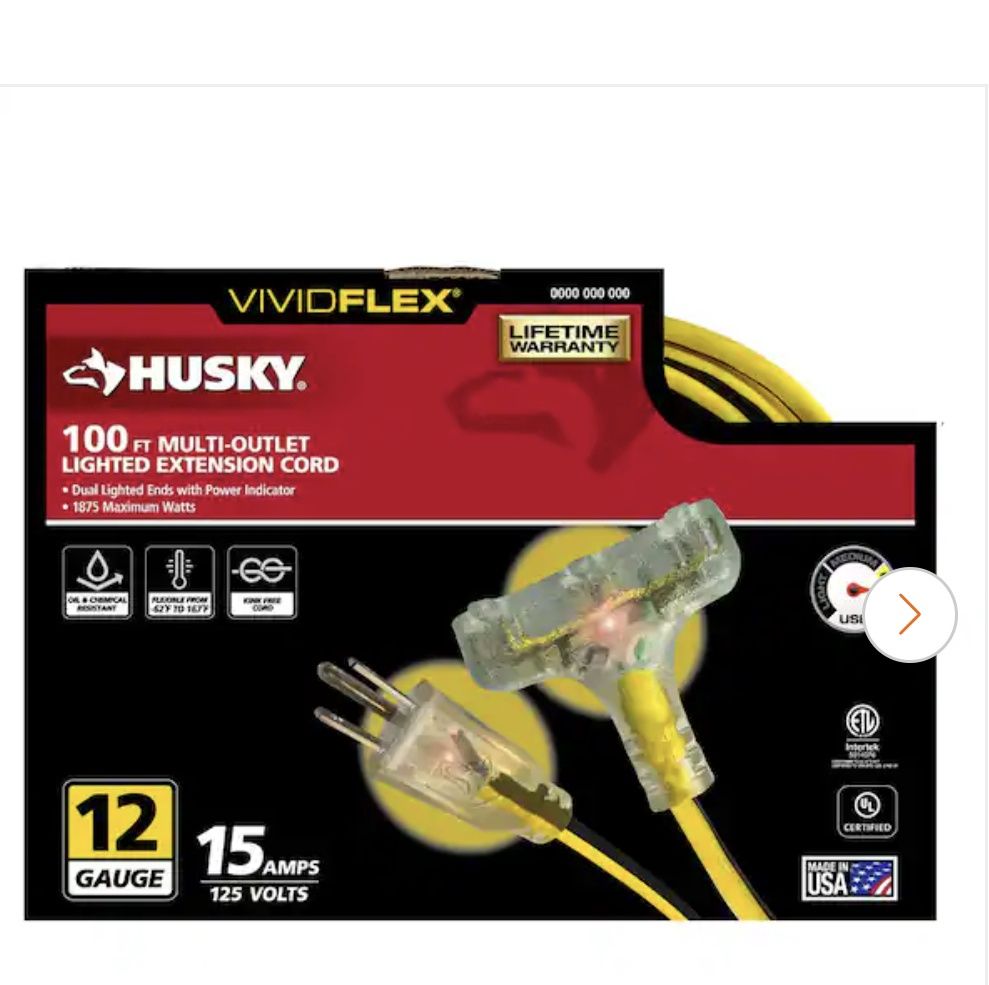 Husky VividFlex 100 ft. 12/3 Heavy Duty Indoor/Outdoor Triple Tap Extension Cord with Lighted Ends, Yellow