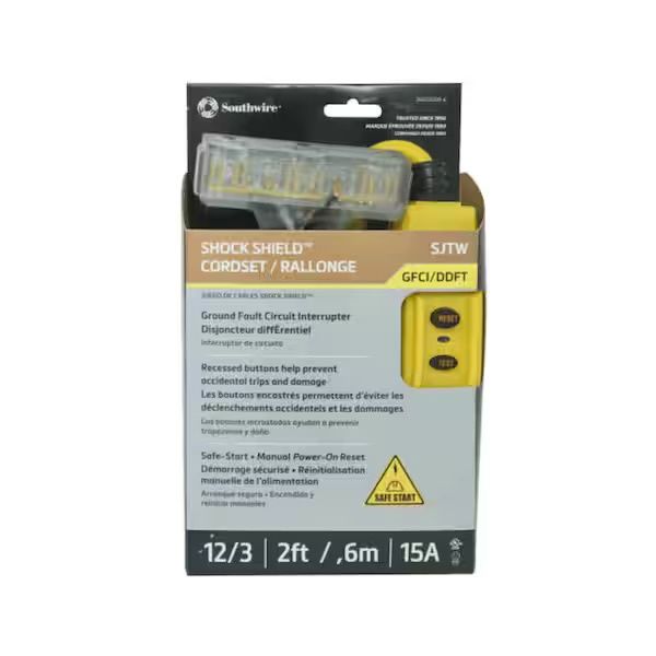 2ft. 12 / 3 SJTW 15 Amps In-Line GFCI Tri-Tap