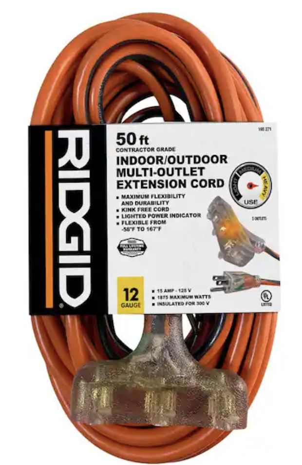 RIDGID 50 ft. 12/3 Heavy Duty Indoor/Outdoor Extension Cord with Tritap Lighted End, Orange/Grey