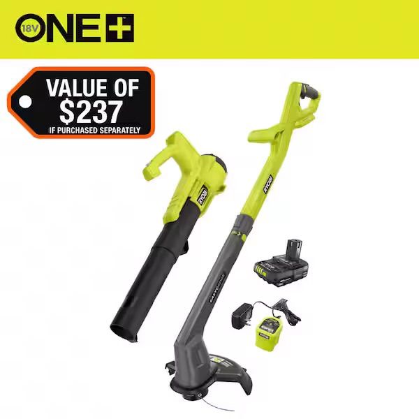 ONE+ 18V Cordless String Trimmer/Edger and Blower/Sweeper Combo Kit (2-Tools) with 2.0 Ah Battery and Charger