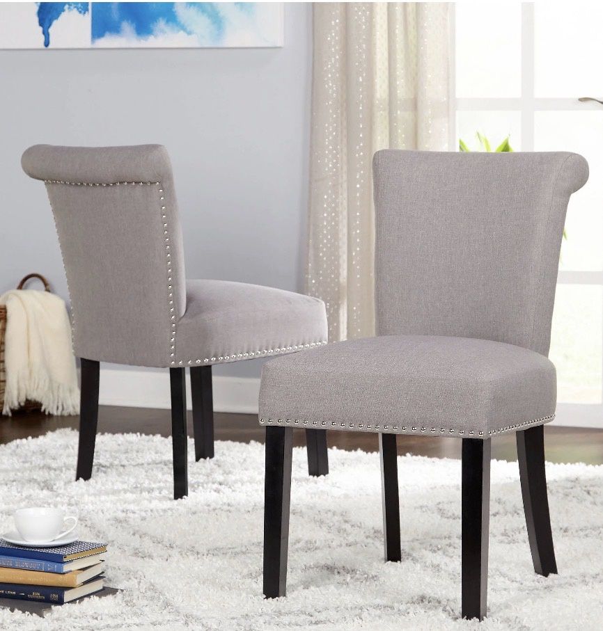 Simple Living  Adeline Nailhead Parsons Dining Chair (Set of 2) Parson Chairs Grey Wood,Rubberwood Upholstered Polyester