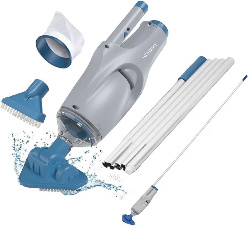 KOKIDO Cordless Handheld Pool Vacuum for Above Ground Pool, with 6ft Pole and 2 Vac Brush Heads