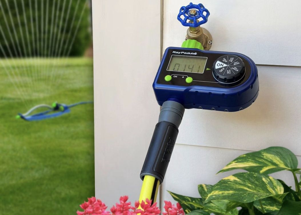 Temporizador electrónico para aspersores Ray Padula de 1 zona: pantalla digital, a prueba de fugas, resistente a la intemperie, funciona con pilas AA.