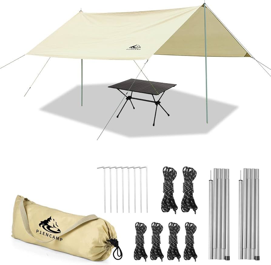 P1ancamp 10×10FT Camping Tarp with 2×6.6FT Poles