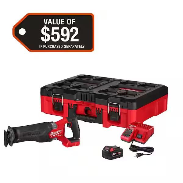 2821-21PO M18 FUEL18V Lithium-Ion Brushless Cordless SAWZALL Reciprocating Saw with PACKOUT Tool-Box, (1) 5.0 Battery, and Charger