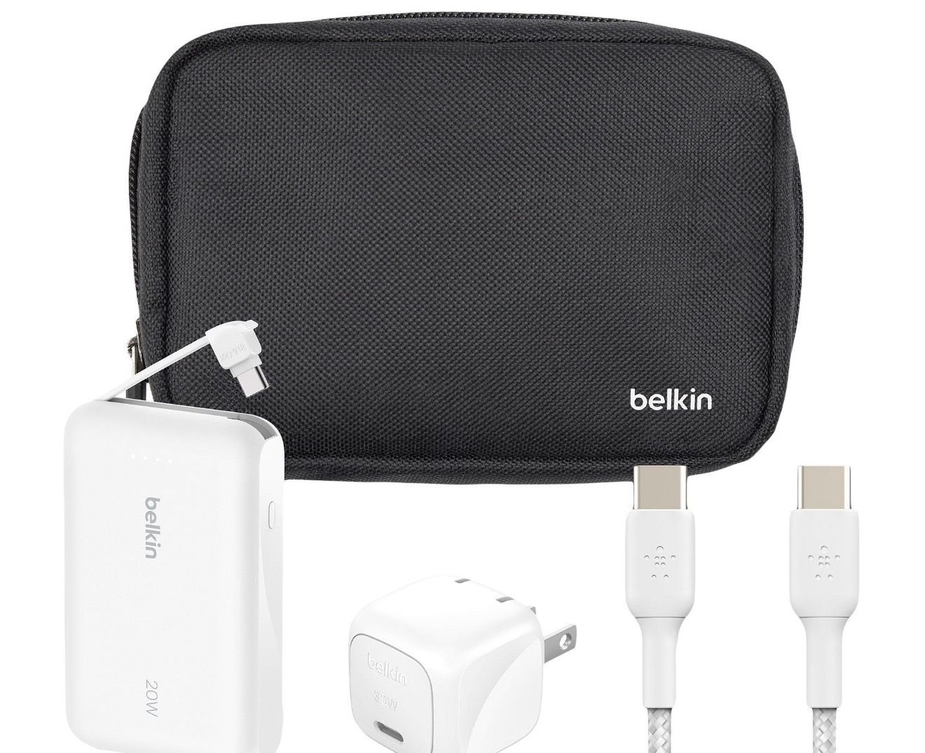 Belkin Travel Bundle - 10K Power Bank with Integrated USB-C Cable, 30W USB-C Wall Charger, USB-C/C Cable &amp; Travel Pouch