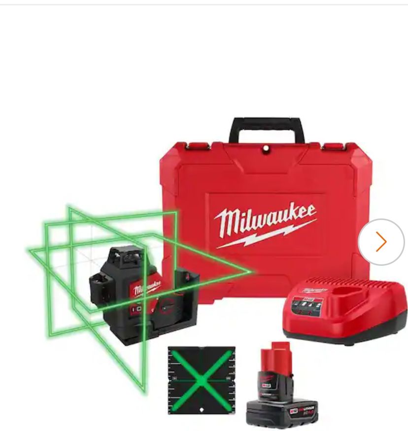 3632-20 Milwaukee M12 12-Volt Lithium-Ion Cordless Green 250 ft. 3-Plane Laser Level Kit with One 4.0 Ah Battery, Charger and Case