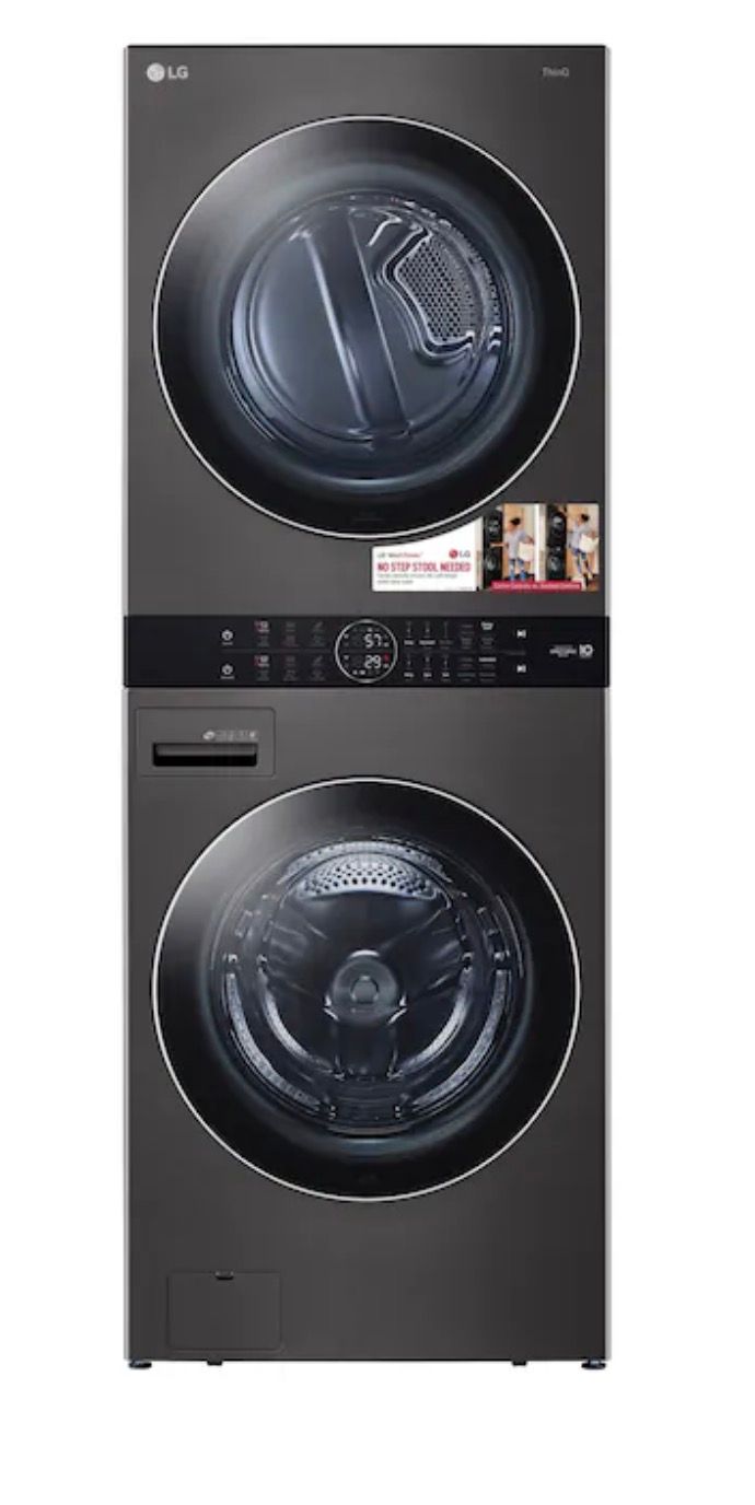 WKEX200HBA WashTower 4.5-cu ft Front load Washer and 7.4-cu ft Stacked Laundry Center (Black Steel)