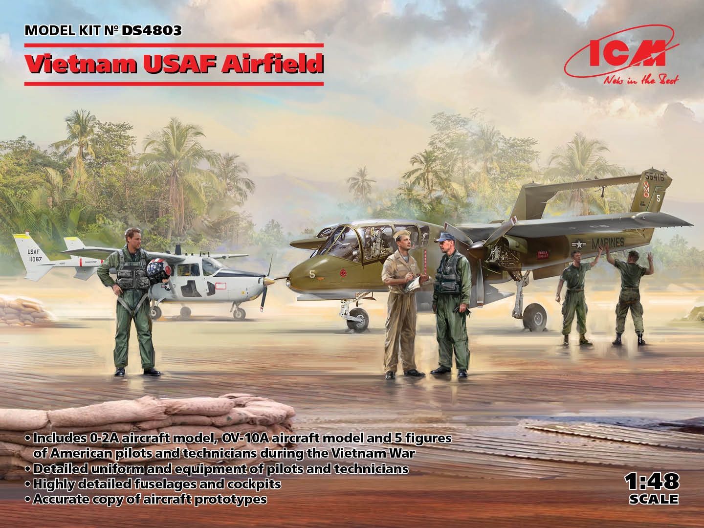 Vietnam USAF Airfield (Cessna O-2A, OV-10А Bronco, US Pilots &amp; Ground Personnel (Vietnam War) (5 figures)) 1/48 #DS4803 by ICM