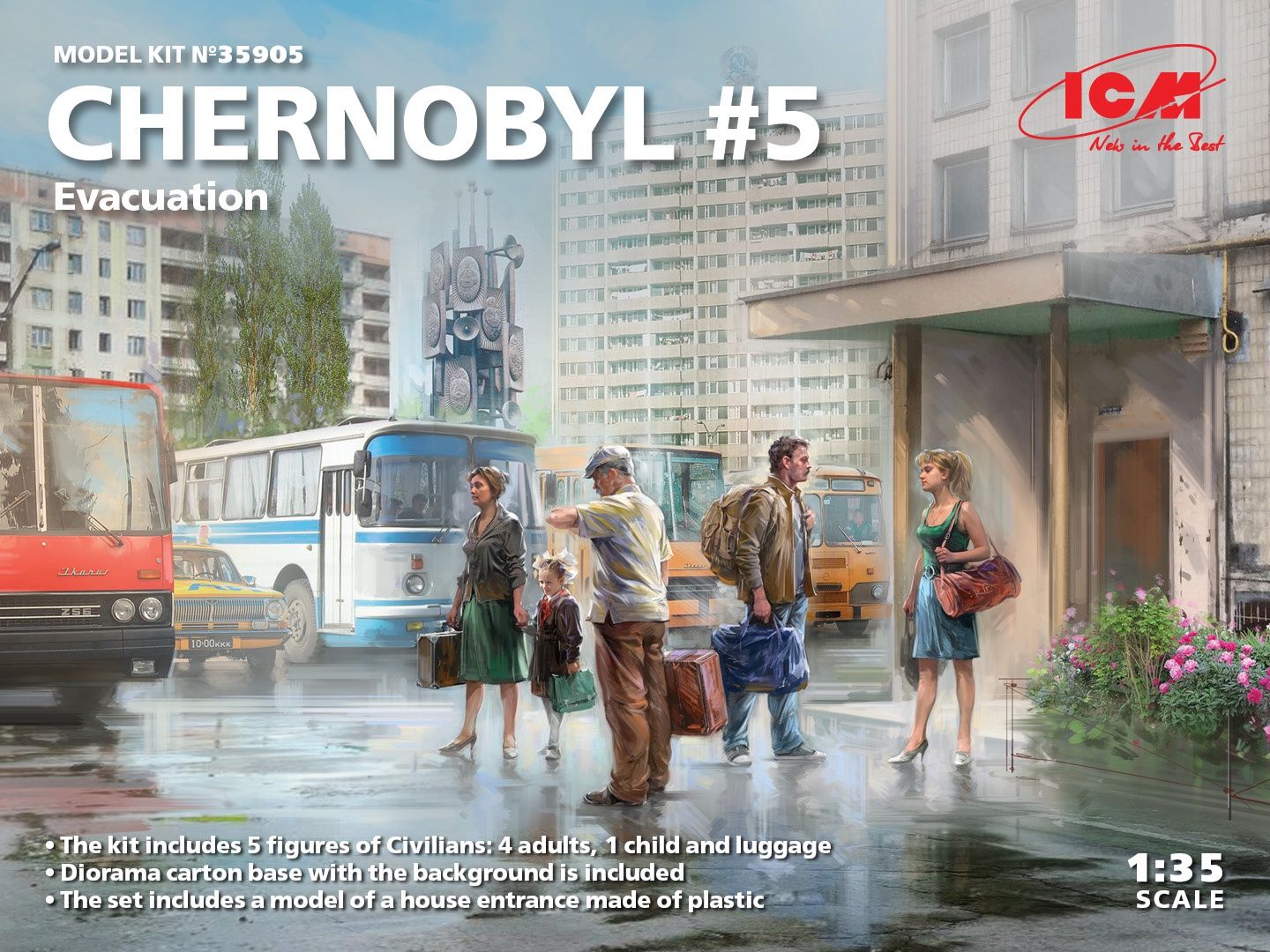Chernobyl #5 Extraction (4 adults, 1 child and luggage) (100% new molds) 1/35 #35905 by ICM