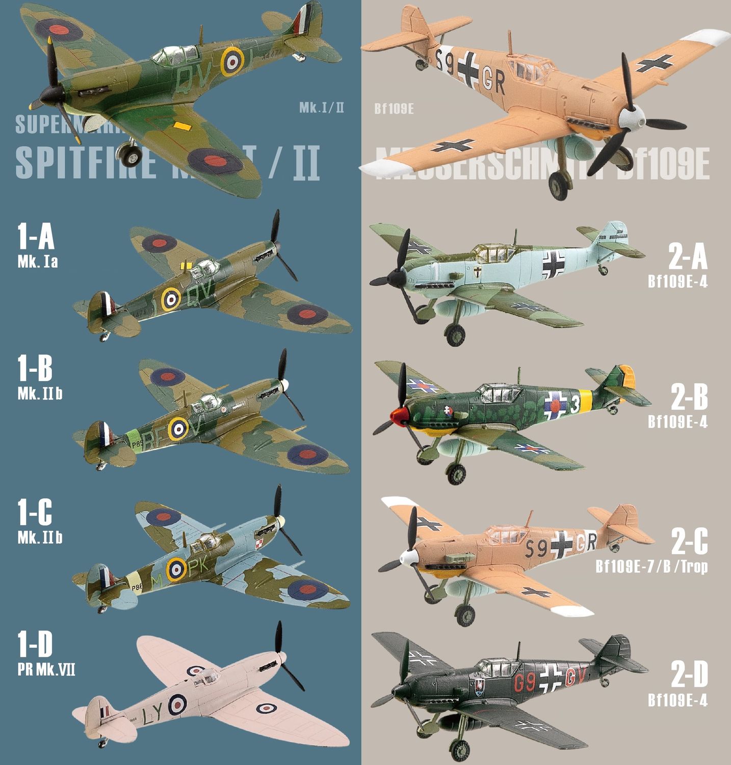 F-Toys 1/144 Wing Kit Collection Versus Series 15 Spitfire Mk.I/II Vs. Messerschmitt Bf109E Blind Box, 10-Pack Box (CASE)