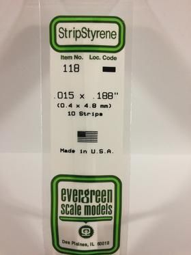 Evergreen #118 Styrene Strips: Dimensional 10 pack 0.015" (0.38mm) x 0.188" (4.8mm) x 14" (35cm)