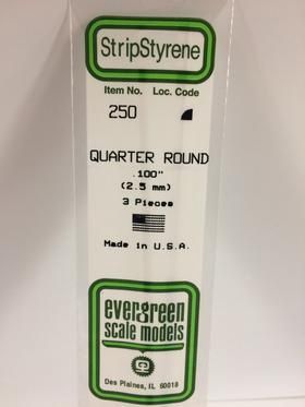 Evergreen #250 Styrene Shapes: Quarter Round 3 pack 0.100" (2.5mm) x 14" (35cm)