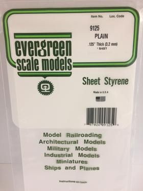 Evergreen #9125 Styrene Sheets: Plain 1 pack 0.125" (3.2mm) x 6" x 12"