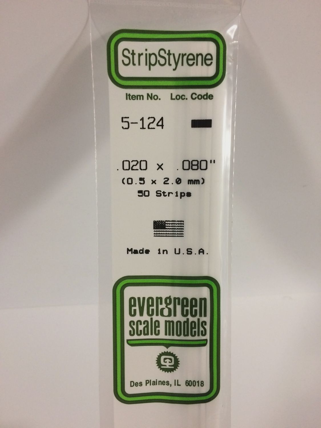 Evergreen #124 Styrene Strips: Dimensional 50 pack 0.020" (0.5mm) x 0.080" (2.0mm) x 14" (35cm)