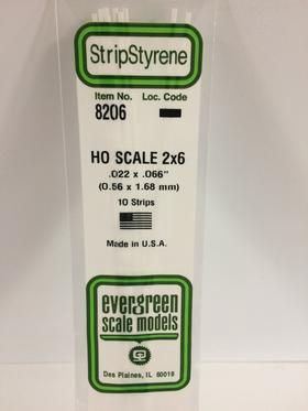 Evergreen #8206 Styrene Strips: HO 2x6 10 pack 0.022" (0.56mm) x 0.066" (1.68mm) x 14" (35cm)