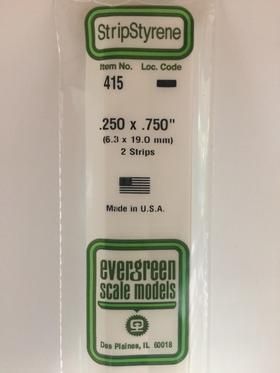 Evergreen #415 Styrene Strips: Dimensional 2 pack 0.250" (6.3mm) x 0.750" (19.0mm) x 24" (60cm)