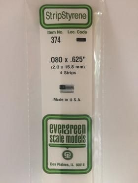Evergreen #374 Styrene Strips: Dimensional 4 pack 0.080" (2.0mm) x 0.625" (15.8mm) x 24" (60cm)