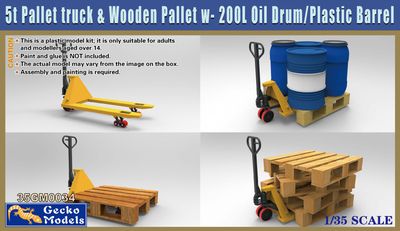5t Pallet truck &amp; Wooden Pallet w- 200L Oil Drum-Plastic Barrel Set 1/35 #35GM0034 by Gecko
