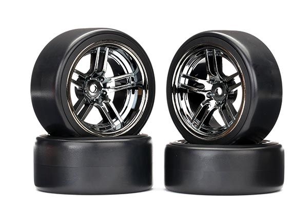 TRA8378 Tires and wheels, assembled, glued (split-spoke black chrome wheels, 1.9' Drift tires) (front and rear)
