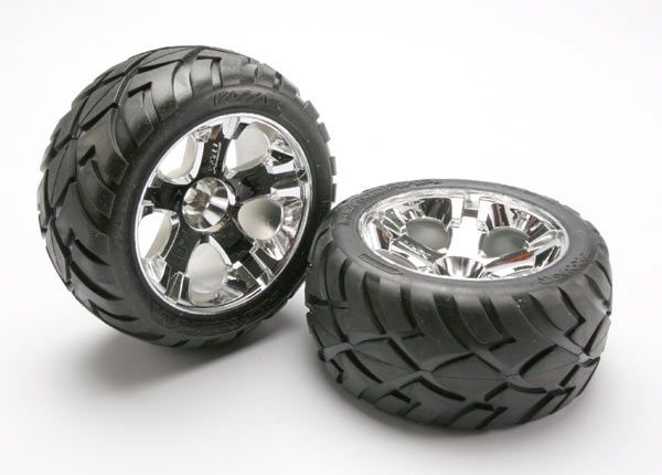 TRA5576R Anaconda Tires &amp; Wheels, Assembled, Glued (All Star chrome wheels, Foam Inserts) (Nitro Rear/Electric Front) (1 Left, 1 Right)