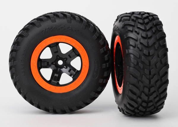 TRA5864 Tire &amp; wheel black, orange beadlock wheels, SCT off-road racing tires (2WD front) TRA5864