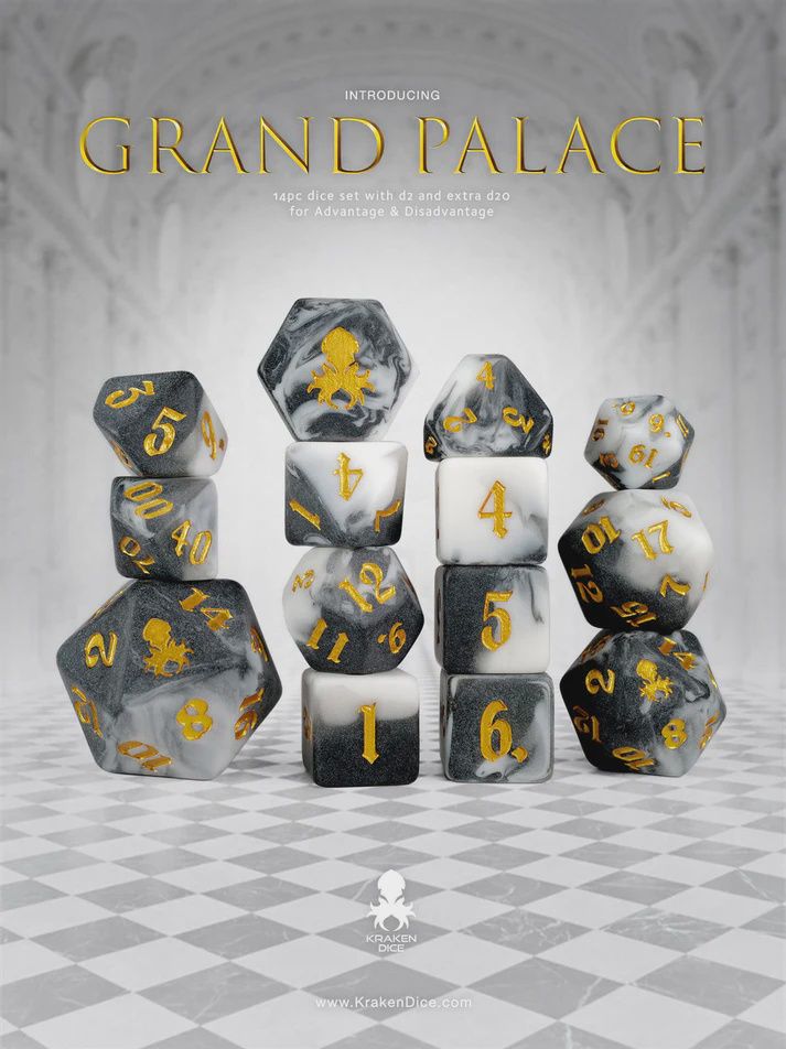 Kraken Grand Palace 14pc Dice Set inked in Gold