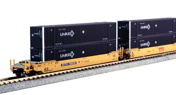 Gunderson MAXI-IV 3-Unit Well Car with 6 53' Containers - Ready to Run -- Trailer-Train #766519 (yellow, black, Red Logo; 6 UMAX Containers) [N]