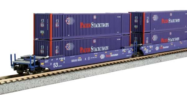 Gunderson MAXI-IV 3-Unit Well Car with 6 53' Containers - Ready to Run -- Pacer Stacktrain #6020 (6 Pacer Containers; blue, red, white) [N]