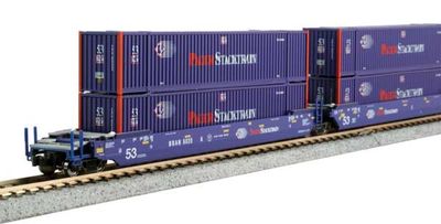 Gunderson MAXI-IV 3-Unit Well Car with 6 53' Containers - Ready to Run -- Pacer Stacktrain #6020 (6 Pacer Containers; blue, red, white) [N]