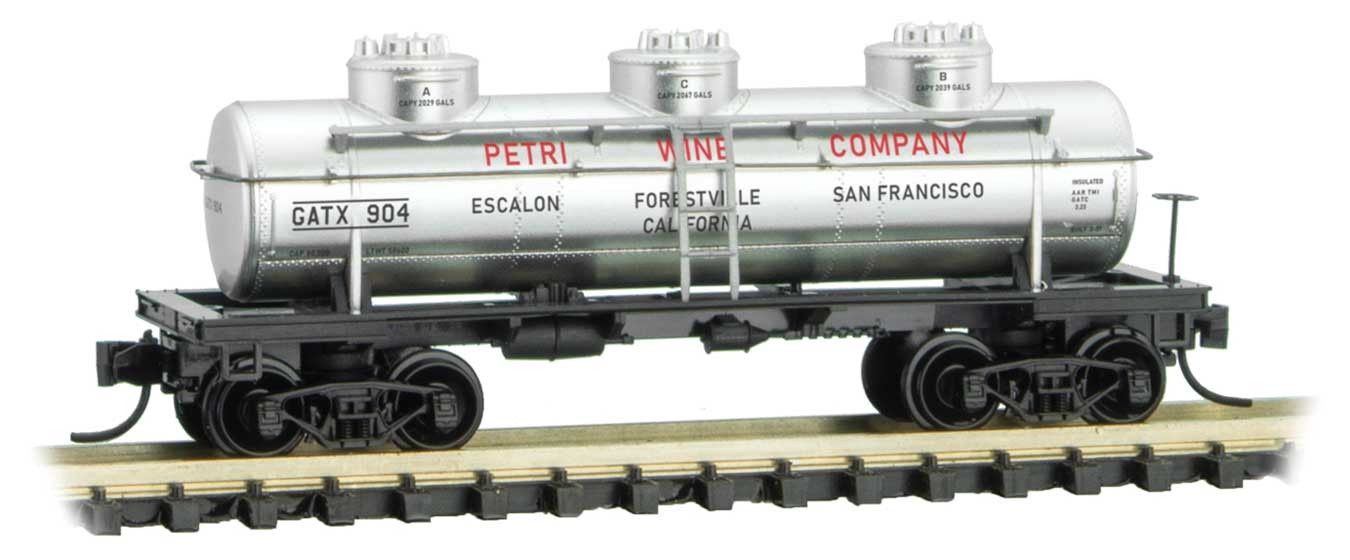 3-Dome Tank Car - Ready to Run -- Petri Wine Co. GATX 904 Grape to Glass Series 8 - Silver