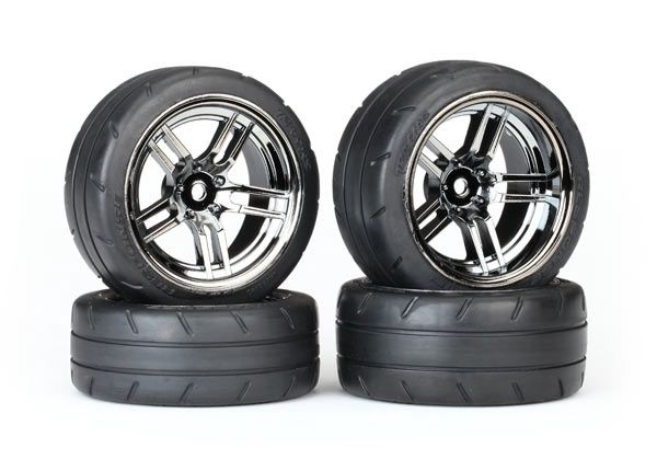 Traxxas 4-Tec 2.0 1.9" Response Front &amp; Rear Pre-Mounted Tires (Black Chrome) w/12mm Hex Split-Spoke Wheels (4) - TRA8375