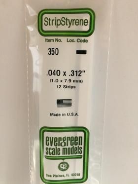 Evergreen #350 Styrene Strips: Dimensional 12 pack 0.040" (1.0mm) x 0.312" (7.9mm) X 24" (60cm)