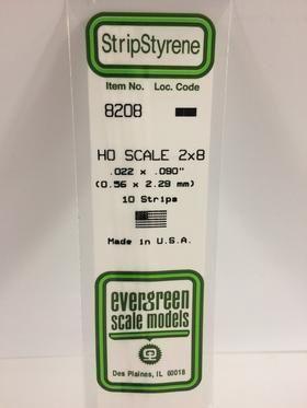Evergreen #8208 Styrene Strips: HO 2x8 10 pack 0.022" (0.56mm) x 0.090" (2.29mm) x 14" (35cm)