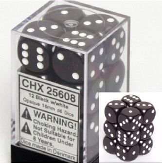 Chessex 12D6 - Assorted Colours 16MM $6.99, Colour: Opaque Black/White CHX25608