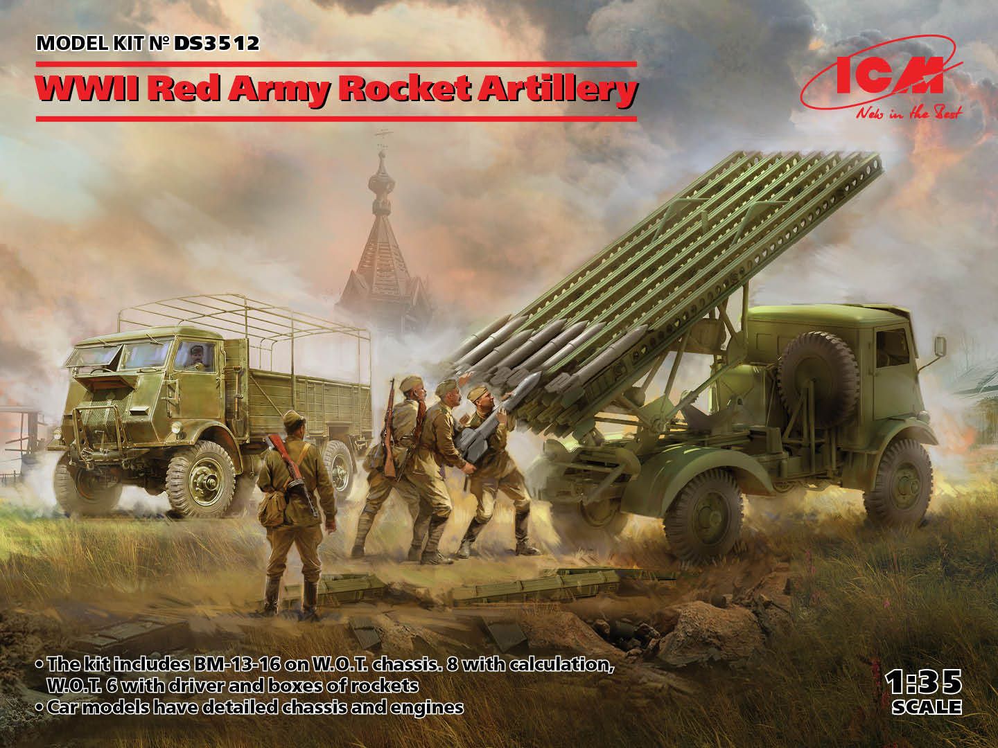 WWII Red Army Rocket Artillery (BM-13-16 on W.O.T. 8 chassis, Model W.O.T. 6, WWII Soviet BM-13-16 MLRS Vehicle Crew, RKKA Drivers (1943-1945)) 1/35 #DS3512 by ICM