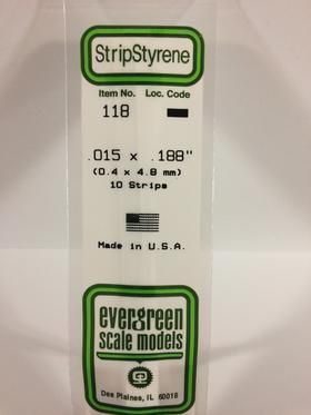 Evergreen #118 Styrene Strips: Dimensional 10 pack 0.015" (0.38mm) x 0.188" (4.8mm) x 14" (35cm)