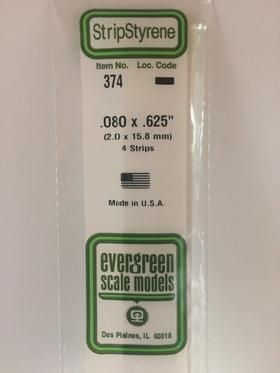 Evergreen #374 Styrene Strips: Dimensional 4 pack 0.080" (2.0mm) x 0.625" (15.8mm) x 24" (60cm)