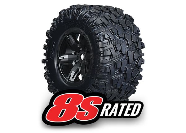 TRA7772X Traxxas Tires &amp; wheels, assembled, glued (X-Maxx black wheels, Maxx AT tires, foam inserts) (left &amp; right) (2) 8S Rated