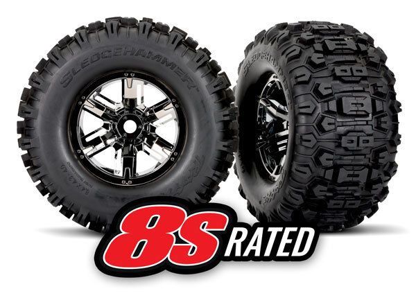 TRA7774A Sledgehammer Tires Wheels for X-Maxx (2), Colour: Black Chrome